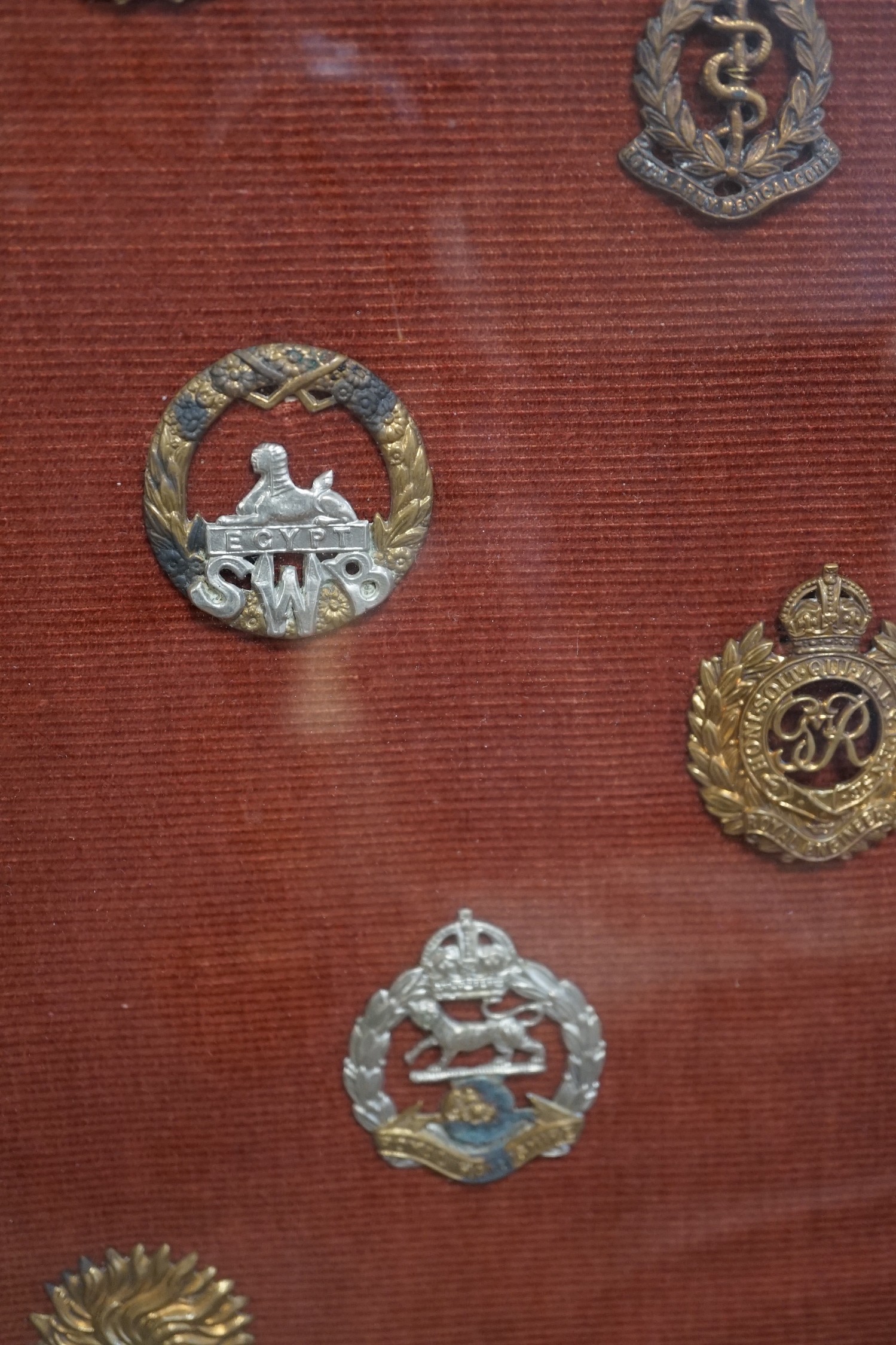 A framed collection of military cap Badges